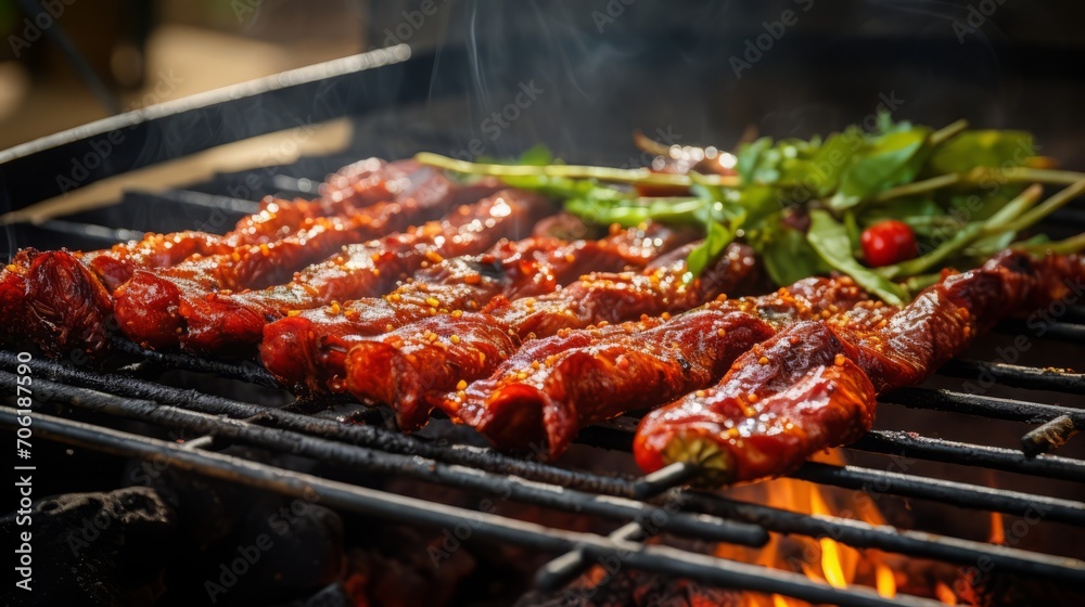 Grilled Meat with Spices on Barbecue Grilled Meat with Spices on Barbecue