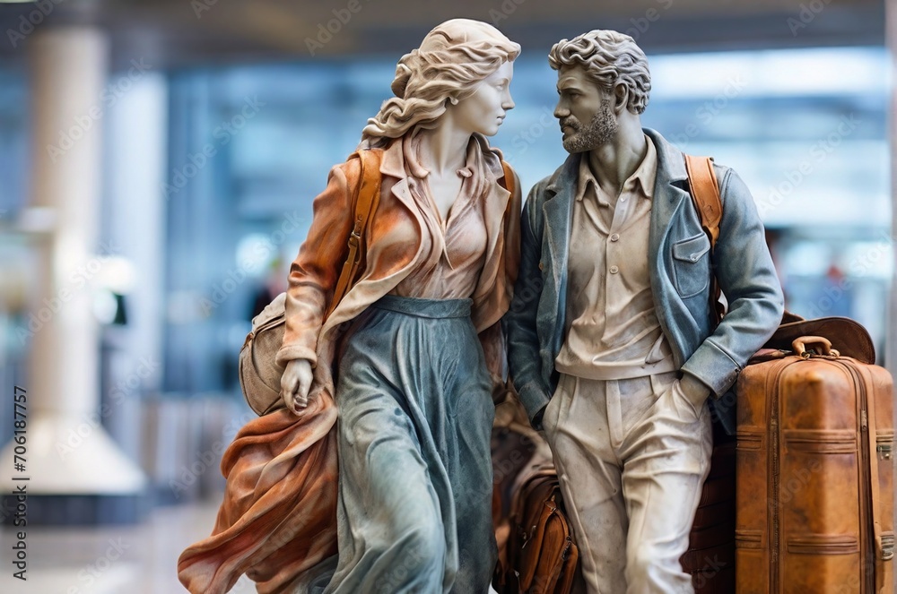 Antique sculptures of man and woman at the airport with baggages. Concept of endless love, mythology, vamentine's day, vacation, family travel. AI generated