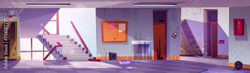 Abandoned school hall with broken lockers. Vector cartoon illustration of messy corridor with cobweb and dust on walls, damaged empty metal cabinets, cracked classroom doors, water puddle on floor