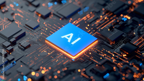 Ai logo in computer chip, nanotechnology AI chip concept design.
