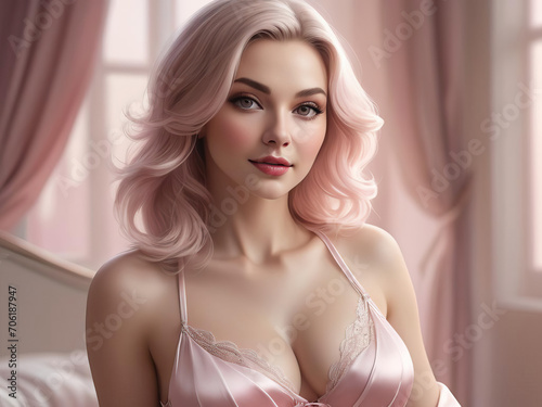 Romantic Pastel Drawing of Mesomorph Woman in Silk Lingerie with Playful Expression Gen AI photo