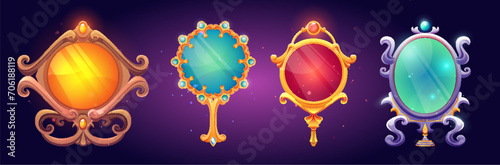 Set of magic game mirrors isolated on background. Vector cartoon illustration of vintage glass or gemstone crystal portals in golden and silver frames, witchcraft asset, fortunetelling instrument