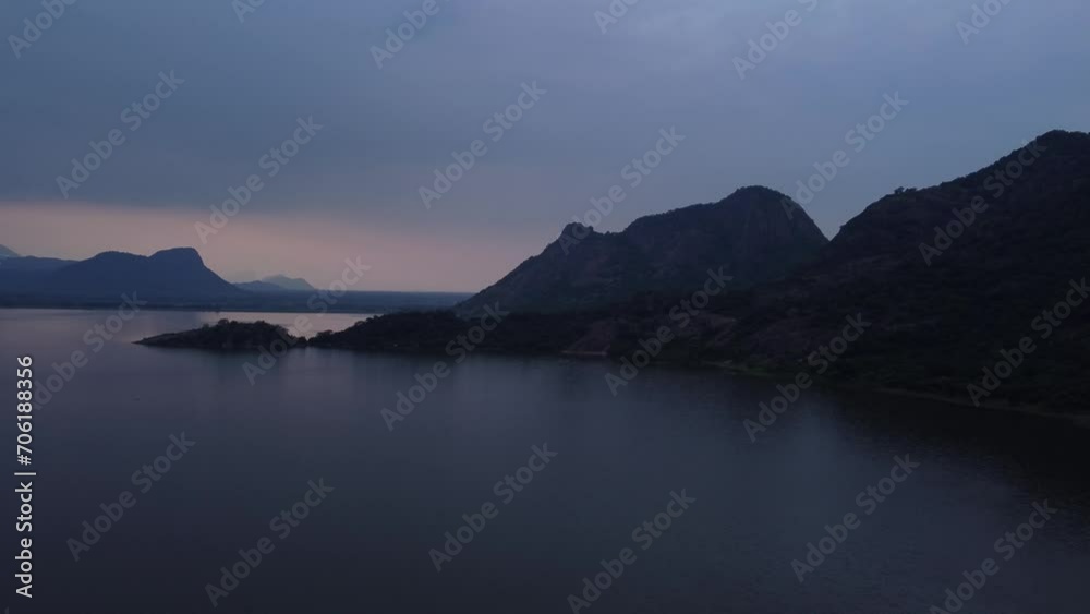 Aerial of Palar Dam Reservoir at sunset, Tamil Nadu, India Aerial of Palar Dam Reservoir at sunset, Tamil Nadu, India