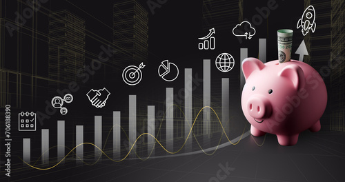 Saving money coin in piggy bank for growth to success goal.Business growth success achievement concept.  Funds and stock Invest profits. assets, wealth, lucrative. investment and retirement concept 