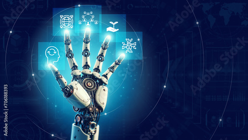 Robot hand  on a virtual screen 2024. AI and innovation future growth year 2024.New technology trends. innovation and technology transformation in business and industry
