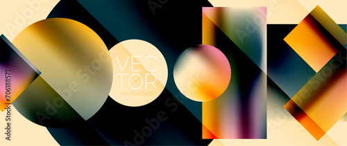 Squares and circles design. Fluid color gradients with metallic effects. Serene synergy of shapes, merging squares and circles into harmonious, captivating design