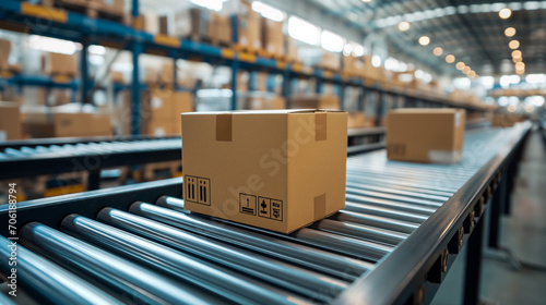 Ecommerce package in a logistics warehouse on conveyer belt. Business concept. 