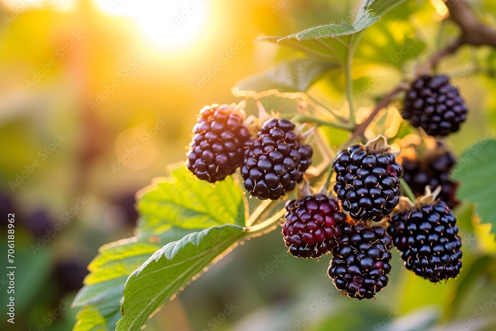 Close up blackberries with leaves in the garden at sunrise Close up blackberries with leaves in the garden at sunrise
