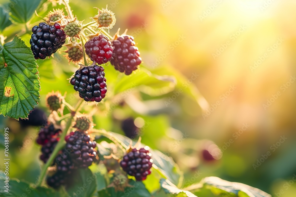 Close up blackberries with leaves in the garden at sunrise Close up blackberries with leaves in the garden at sunrise