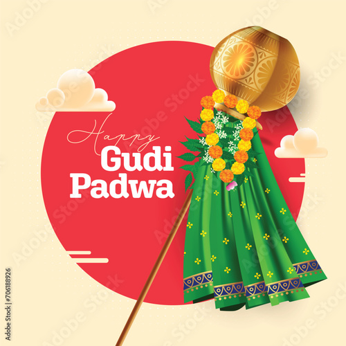 Indian Religious Festival Happy Gudi Padwa Greeting Background Template Design Vector Illustration