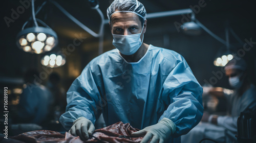 Surgeon wearing a coat, hat, and mask, ready to work and with a serious look on his face.