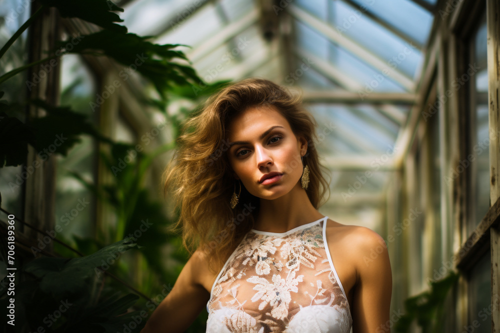 Fototapeta premium Beauty, fashion and make-up concept. Young beautiful woman portrait in orangery. Sexy and seductive looking model in old conservatory looking at camera with seductive look. Greenery in background