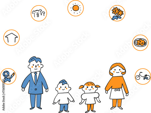 僕の家族を紹介します　両親ときょうだいがいます　仲良しです　セット　イラスト素材		
