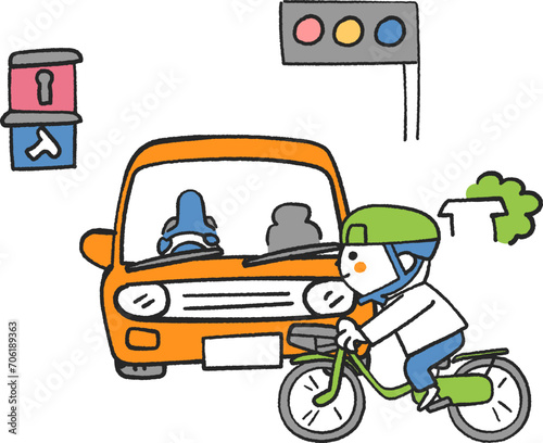 信号が赤になって自動車が止まったから自転車で道路を渡る僕　イラスト素材

