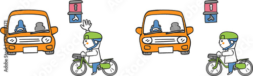 自転車で信号を待っているところと手を上げて渡ろうとしている僕　セット　イラスト素材
