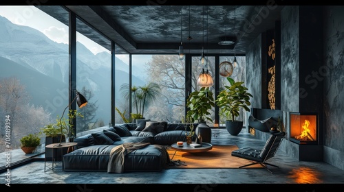  a living room filled with furniture and a fire place in the middle of a floor to ceiling windowed room.