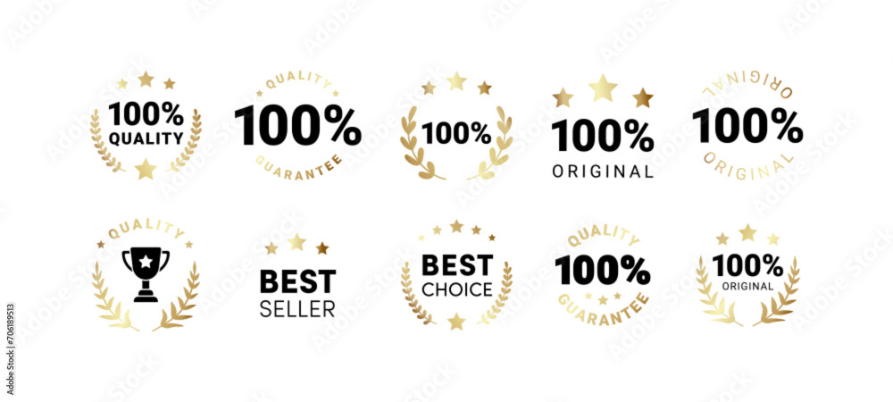 Premium quality product labels set. Round quality product guarantee logo collection. Black and gold circle badge icon with 100 percent symbol, stars. Vector illustration for sticker, certificate, logo - obrazy, fototapety, plakaty 