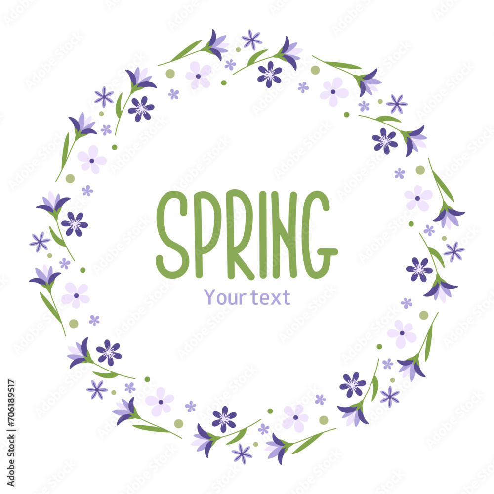 Spring wreath with lilac and crocuses. Decorative round frame. Design for greeting card, label, sale, invitation. Vector illustration. Spring wreath with lilac and crocuses. Decorative round frame. Design for greeting card, label, sale, invitation. Vector illustration.