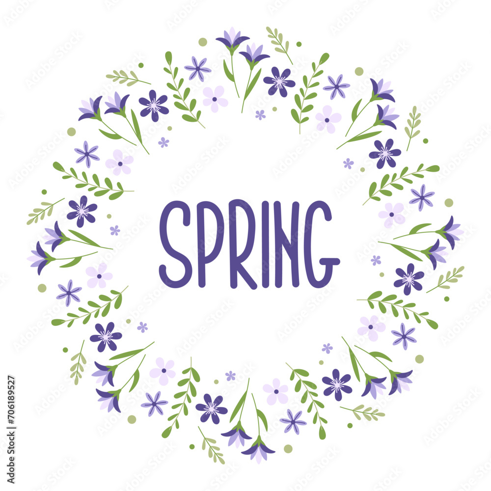 Spring card with crocuses. Decorative round frame. Design elements for invitations, label, sale, scrapbooking.