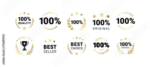 Premium quality product labels set. Round quality product guarantee logo collection. Black and gold circle badge icon with 100 percent symbol, stars. Vector illustration for sticker, certificate, logo photo