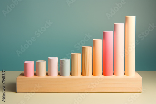 Business, science, finance, marketing, graphic resources concept. Wooden pastel colored cylinder blocks shape bar charts illustration. Minimalist background with copy space photo