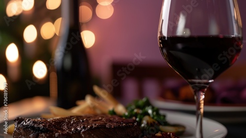  a close up of a plate of food with a glass of wine and a bottle of wine in the background.