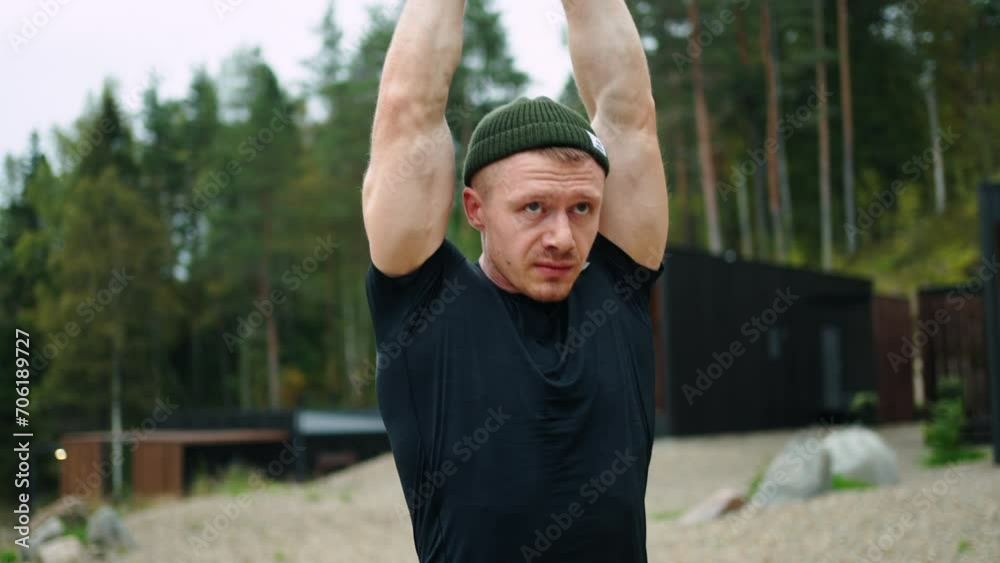 Bodybuilder Training And Lifting Heavy Kettlebell In Nature In Morning, Workout Of Powerlifter Bodybuilder Training And Lifting Heavy Kettlebell In Nature In Morning, Workout Of Powerlifter