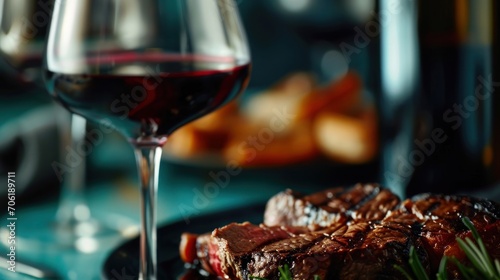  a close up of a plate of food with a glass of wine and a bottle of wine in the background.