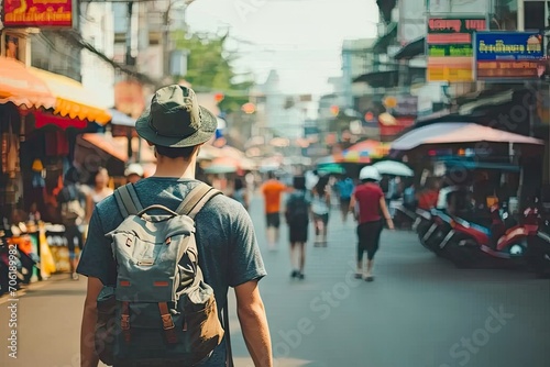 Wanderlust chronicles. Asian adventure unveiled young man with backpack exploring vibrant streets of embracing urban beat and traditional charms of culture