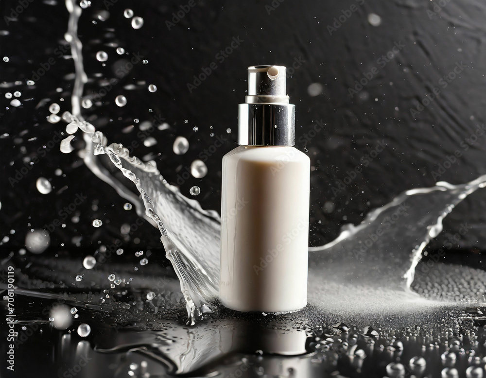 Cosmetic bottle with splashes of water Cosmetic bottle with splashes of water