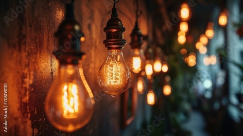  a group of light bulbs hanging from a wall next to a wall with a plant in the middle of it.