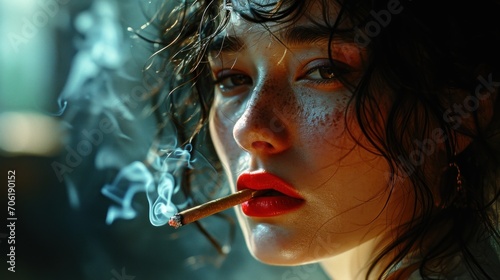  a woman smoking a cigarette with frecks of frecks on her face and her hair blowing in the wind.