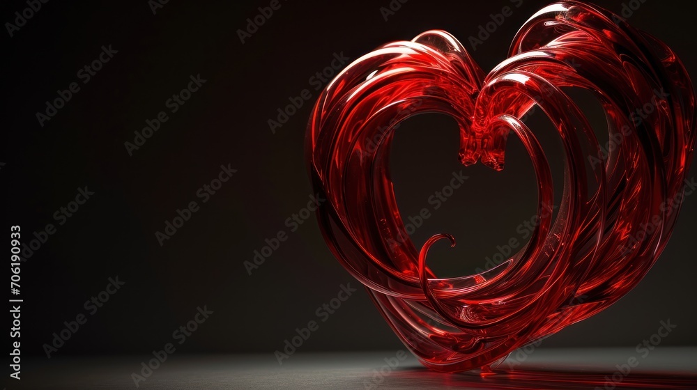a red sculpture in the shape of a heart on a black background with a light reflecting off the side of it. a red sculpture in the shape of a heart on a black background with a light reflecting off the side of it.