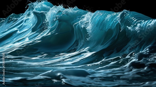  a large blue wave in the ocean on a black background with water splashing over the top of the wave.