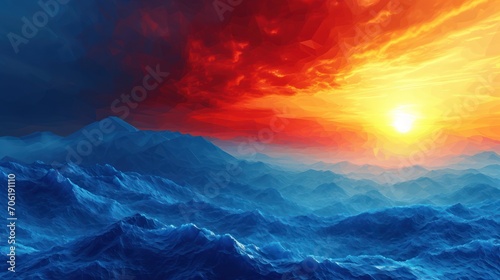  a painting of a sunset over a large body of water with a mountain range in the middle of the picture.
