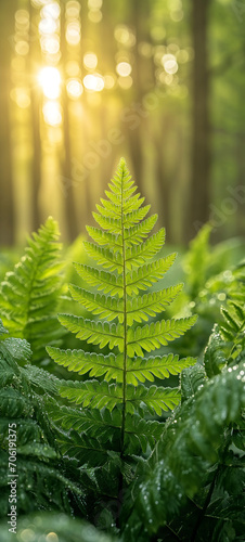 Glossy fern fronds  vibrant close - up. spring concept. 