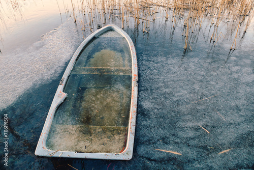 Row Boat Ice Cold - Water - Background - Sunset - Sunrise - Sundown - Sun - Landscape  photo