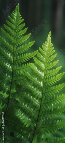 Glossy fern fronds, vibrant close - up. spring concept. 