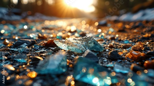  a close up of a piece of glass on the ground with the sun shining through the trees in the background. © Shanti