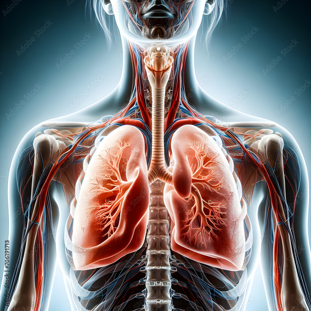 Graphic illustration of a female lung anatomy showing the tracheal