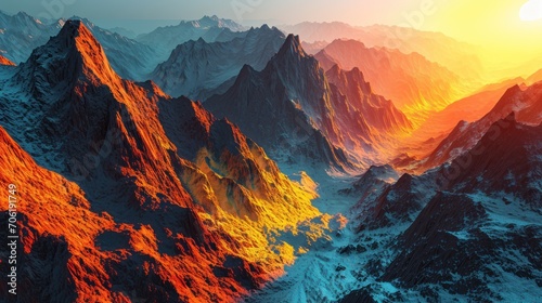  a computer generated image of a mountain range with the sun rising over the top of the mountains in the distance.