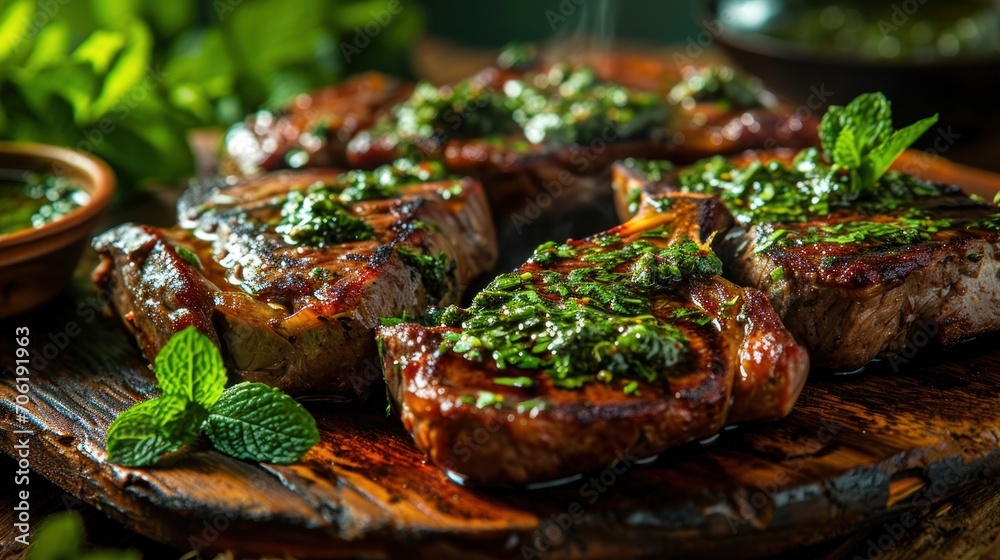  a wooden cutting board topped with steaks covered in sauce and garnished with minty garnish.