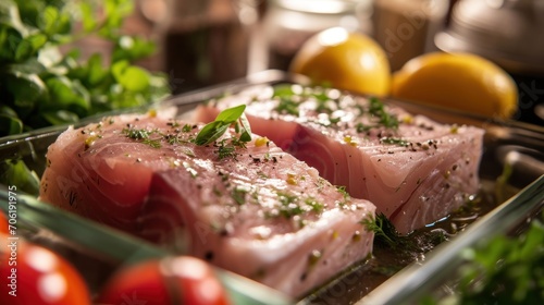  a couple of pieces of meat sitting on top of a metal tray next to some tomatoes and lettuce.