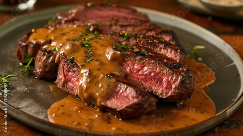  a plate of steak covered in gravy and garnished with a sprig of parsley.