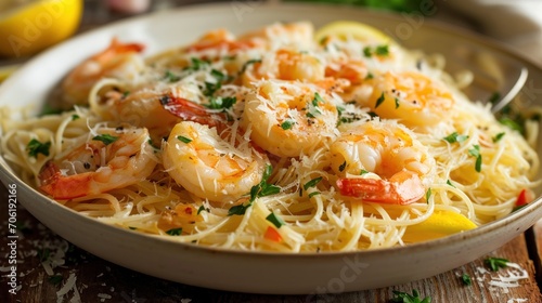  a bowl of pasta with shrimp, parmesan, and parsley on a wooden table with lemon wedges.