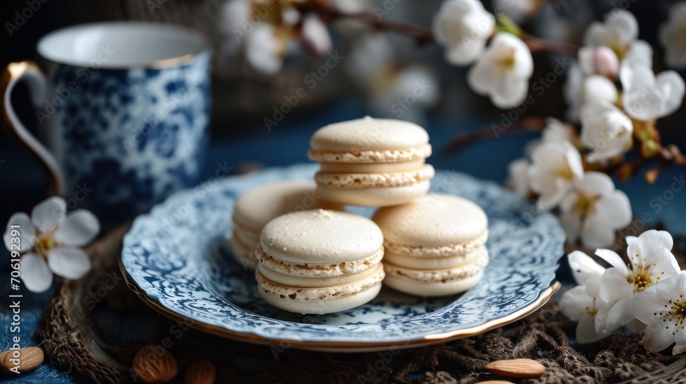 a blue and white plate topped with macaroons next to a cup of coffee and a branch of white flowers. a blue and white plate topped with macaroons next to a cup of coffee and a branch of white flowers.