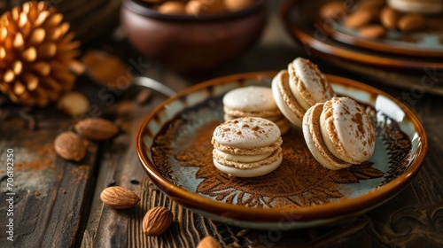  a plate topped with cookies and almonds next to a bowl of almonds and a vase with a pine cone in the background.