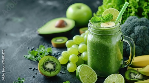 Green health smoothie in glass jar. Kale leaves  lime  apple  kiwi  grapes  banana  avocado  lettuce. Vegan food concept.