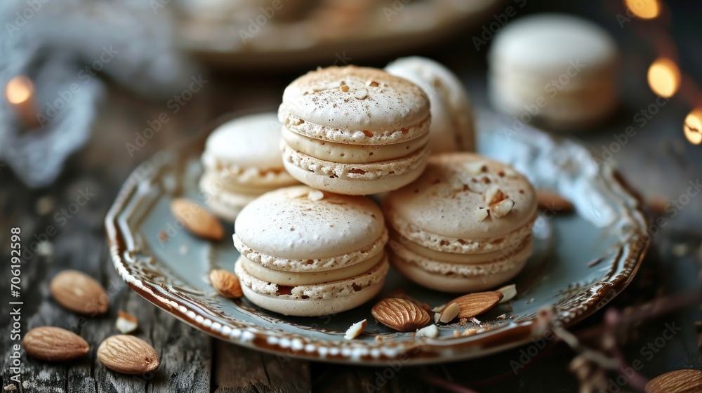 a plate of almond macaroons and almonds on a table with a lite - up candle in the background. a plate of almond macaroons and almonds on a table with a lite - up candle in the background.