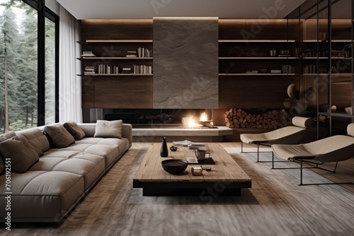 Photo of a contemporary living room with minimalist design. Generative AI